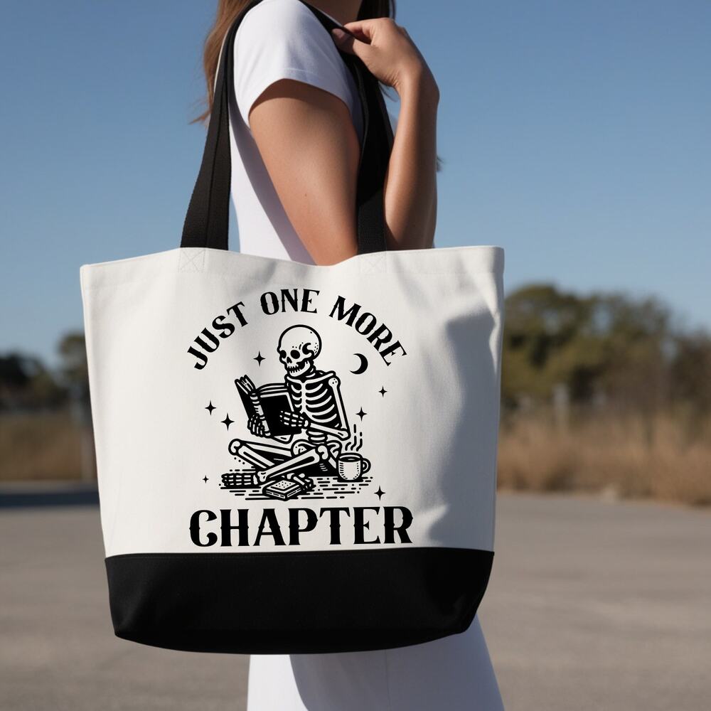 Just One More Chapter Skeleton Reader Tote Bibliophile Book Bag
